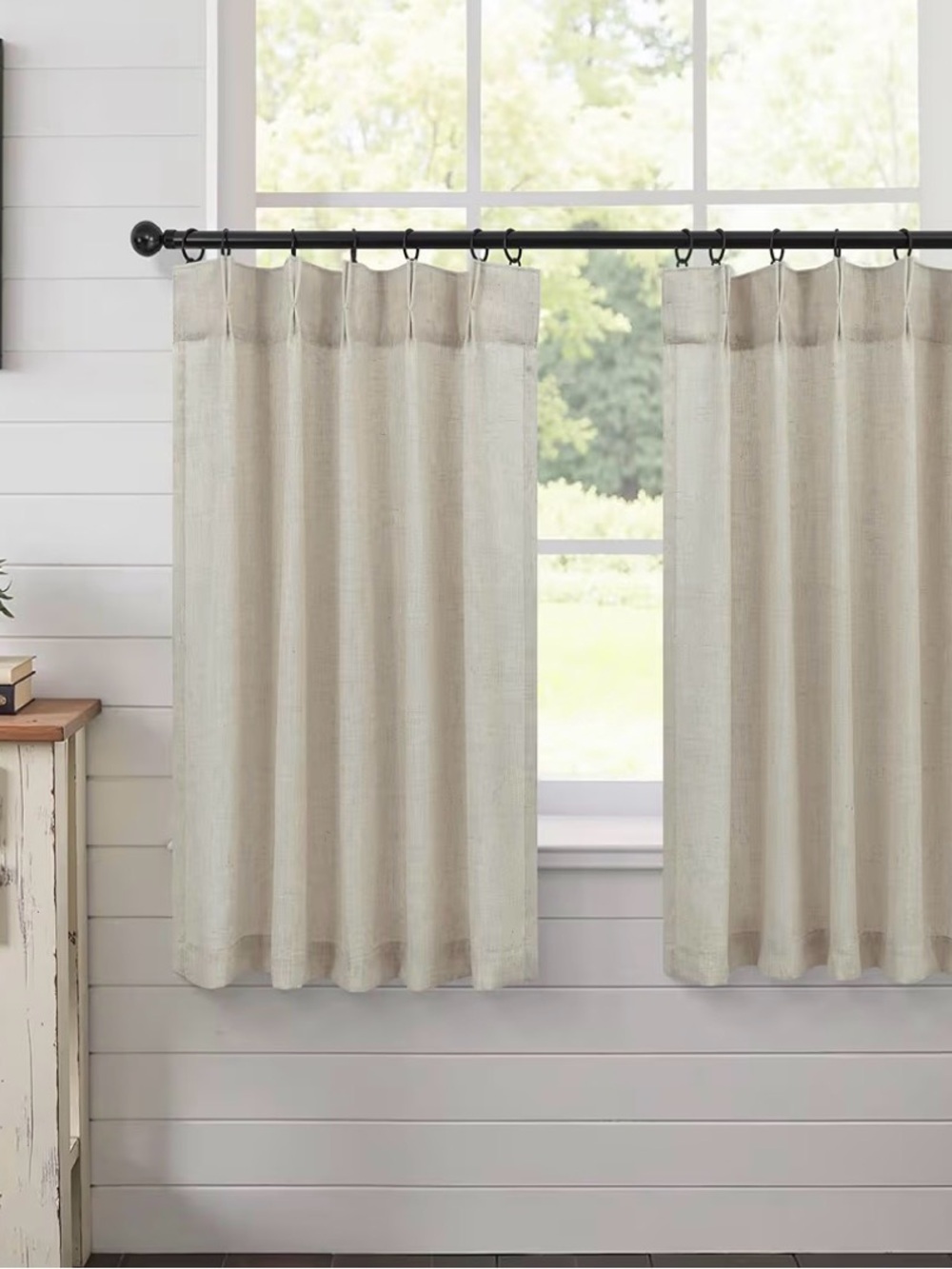 Pinch Pleated Beige Linen Cafe Curtains Light Filtering Semi Sheer 36x30 Long